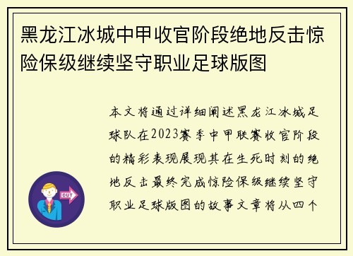 黑龙江冰城中甲收官阶段绝地反击惊险保级继续坚守职业足球版图